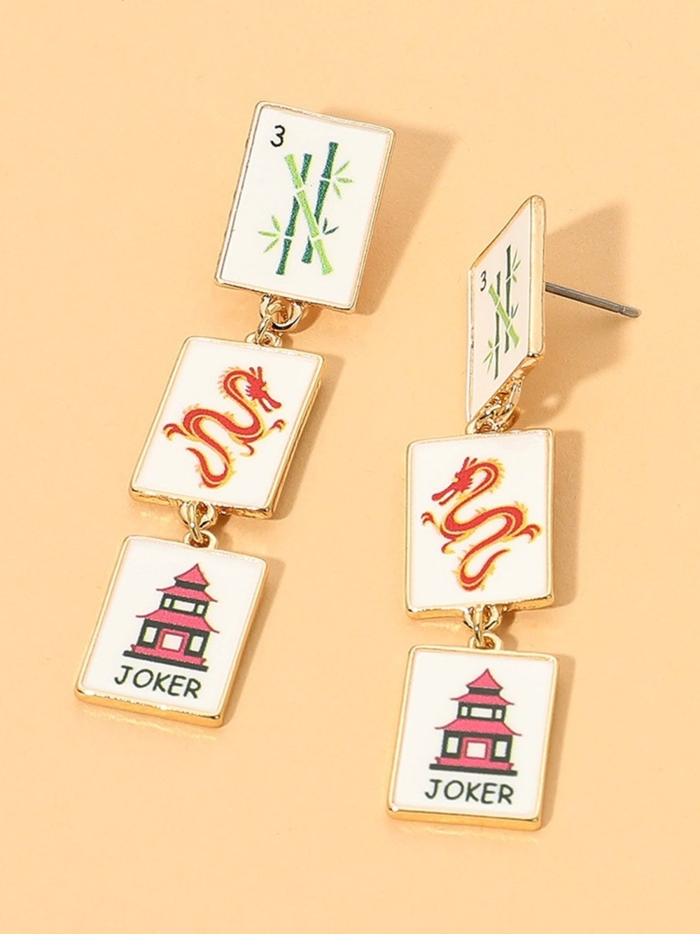Orange Colorful Mahjong Tile Link Triple 2.25" Dangle Earrings Gold Jewelry